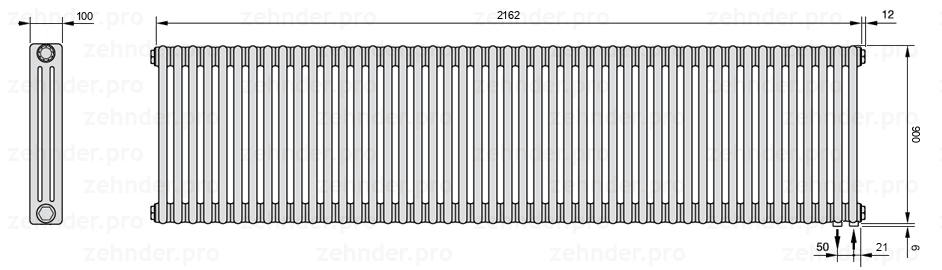 Схема (чертеж) Радиатор Zehnder Charleston 3090/47 №5510 Белый глянцевый RAL 9016